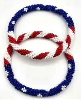 2 Pcs Set US Flag Design Colors Pattern Roll Over Nepal Handmade Jewelry Glass Beaded Bracelets