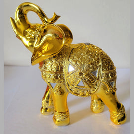 Dalax- 8” (H) Gold Color Elegant Elephant Statue With Trunk Facing Upwards Collectible Wealth Lucky Elephant Figurine, Home Office Decoration