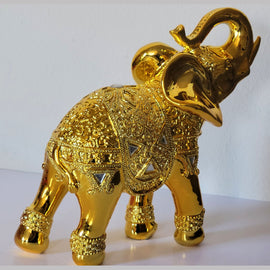 Dalax- 10” (H) Gold Color Elegant Elephant Statue with Trunk Facing Upwards Collectible Wealth Lucky Elephants Figurine, Perfect for Home Decor, Office Decoration Ornaments Statues Gifts Set