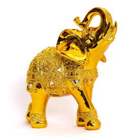 Set of 2 Dalax- 10” (H) Gold Color Elegant Elephant Statue with Trunk Facing Upwards Collectible Wealth Lucky Elephants Figurine, Perfect for Home Decor, Office Decoration Ornaments Statues Gifts Set