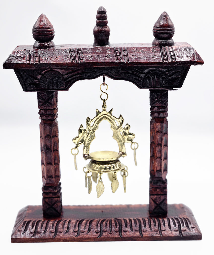 Handcrafted Wooden Swing with Brass Diya Panas | Traditional Nepal Home Décor | Temple Jhula Oil Lamp Holder | Vintage Ethnic Carved Showpiece