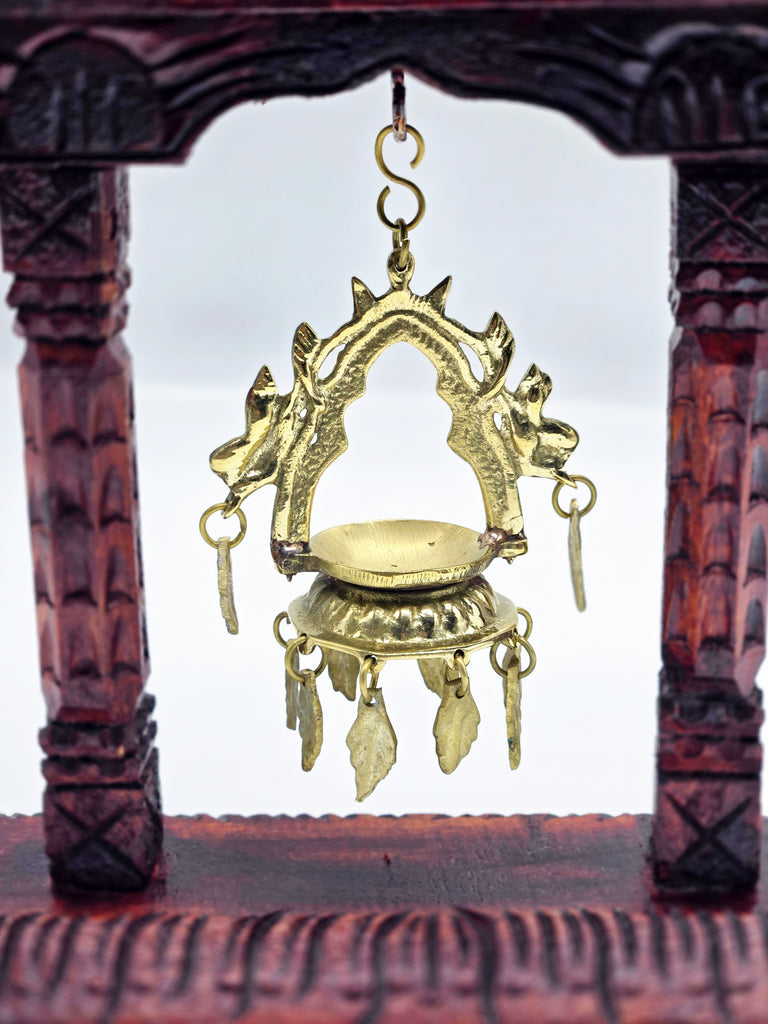 Handcrafted Wooden Swing with Brass Diya Panas | Traditional Nepal Home Décor | Temple Jhula Oil Lamp Holder | Vintage Ethnic Carved Showpiece