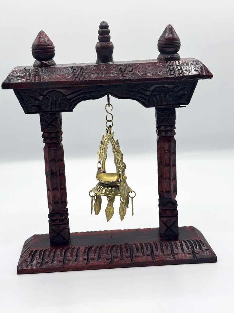 Handcrafted Wooden Swing with Brass Diya Panas | Traditional Nepal Home Décor | Temple Jhula Oil Lamp Holder | Vintage Ethnic Carved Showpiece