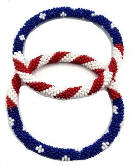 2 Pcs Set US Flag Design Colors Pattern Roll Over Nepal Handmade Jewelry Glass Beaded Bracelets
