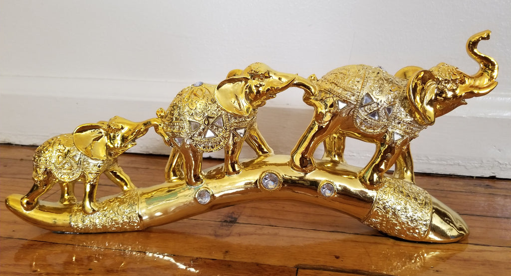 Dalax-Set of 3 Brass Color feng shui elephant collectible statue on Bridge Trunk, Wealth Lucky figurines perfect for home office decor