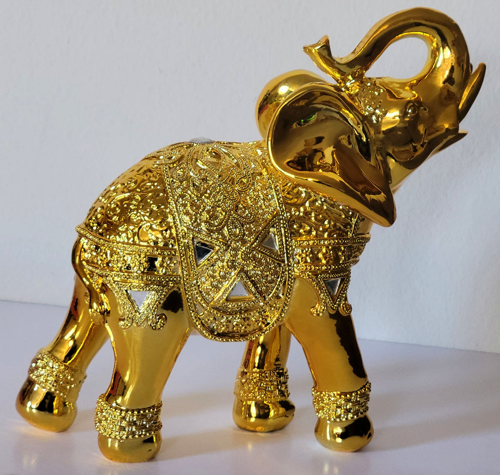 Dalax- 10” (H) Gold Color Elegant Elephant Statue with Trunk Facing Upwards Collectible Wealth Lucky Elephants Figurine, Perfect for Home Decor, Office Decoration Ornaments Statues Gifts Set