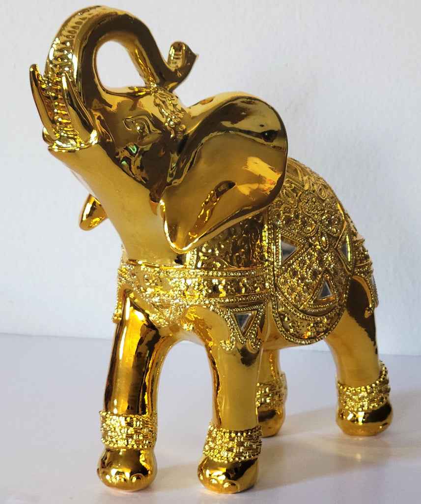 Set of 2 Dalax- 10” (H) Gold Color Elegant Elephant Statue with Trunk Facing Upwards Collectible Wealth Lucky Elephants Figurine, Perfect for Home Decor, Office Decoration Ornaments Statues Gifts Set