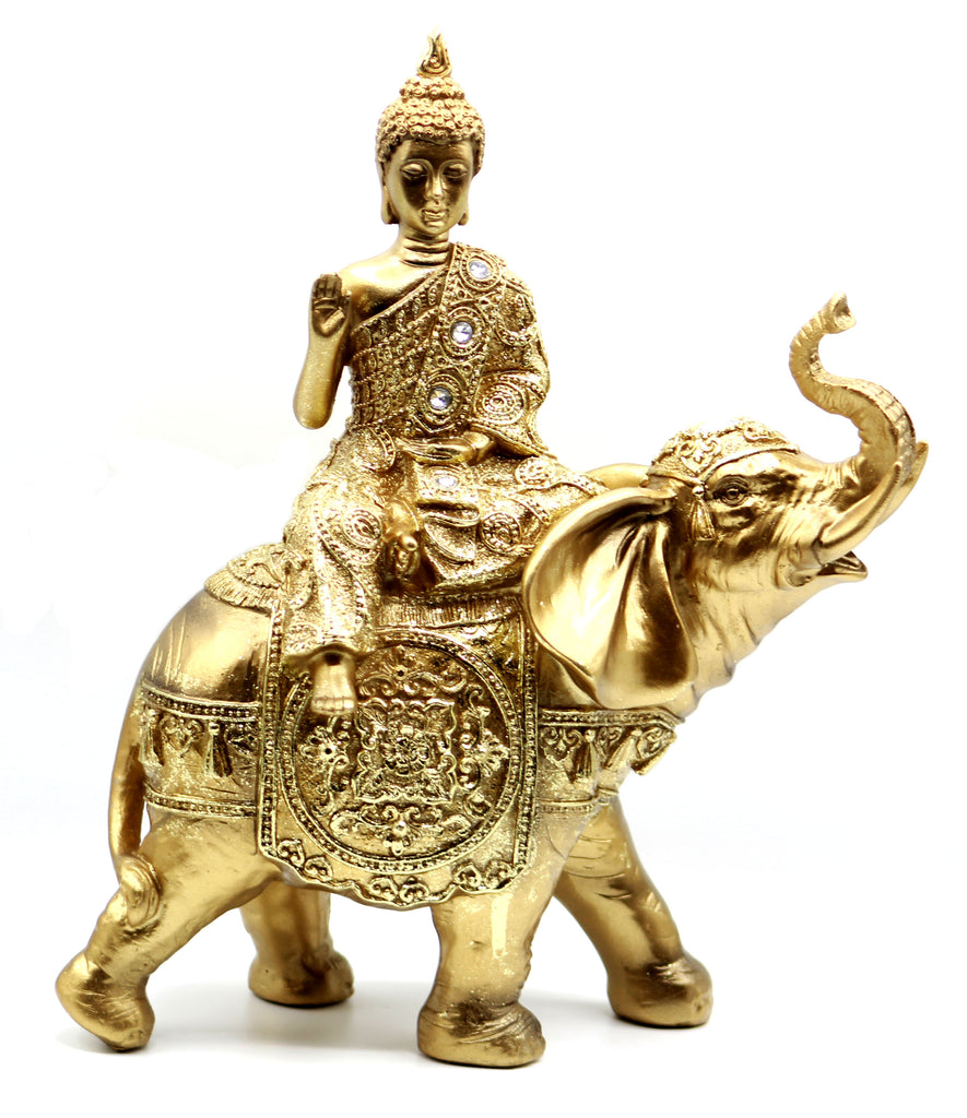 Crystal 11 Inches Large Brass Color Buddha Riding in Elephant Figurine statue home-office Buddha Decor- Meditation Room Decoration Statues XMAS Ornaments Gifts