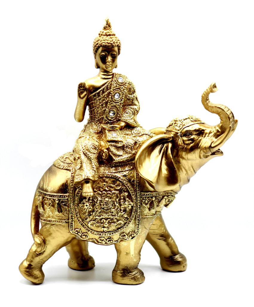 Crystal 11 Inches Large Brass Color Buddha Riding in Elephant Figurine statue home-office Buddha Decor- Meditation Room Decoration Statues XMAS Ornaments Gifts